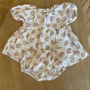 Quincy Mae Baby Floral Dress & Bloomers Set in Cream with Brown Print